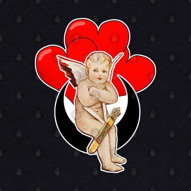 Angel Cupid resting on the moon and with red hearts by Marccelus